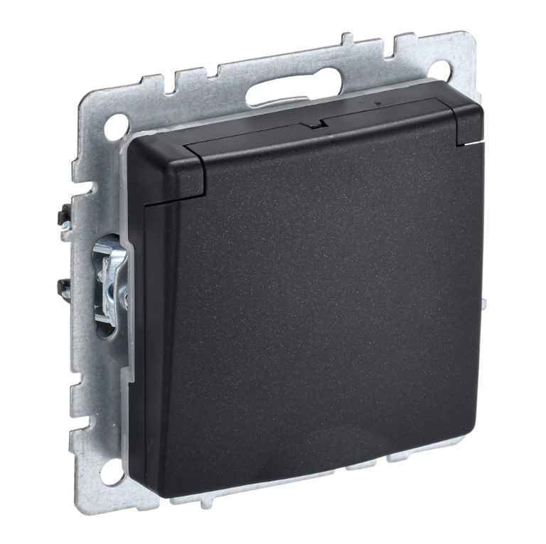 Розетка скрытой установки 1-мест. с/з с з/ш без рамки с крышкой 16А черная IP44 BRITE IEK (РФ)