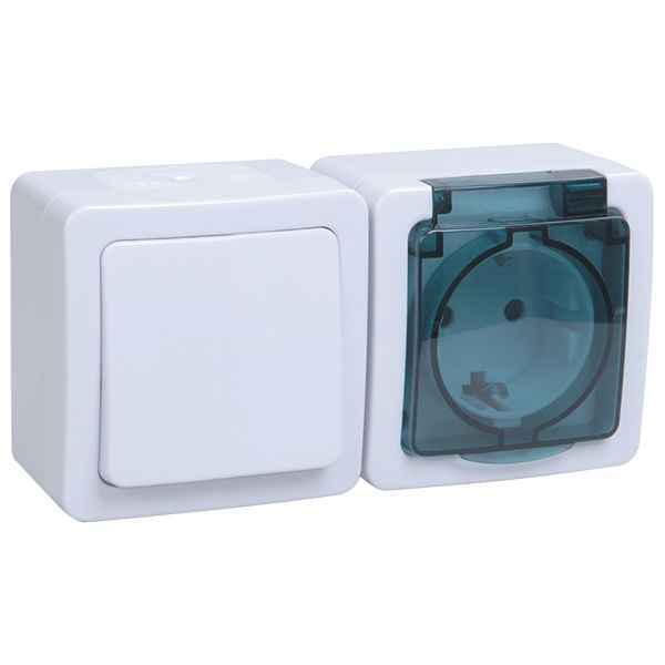 Блок открытой установки выкл. 1кл + розетка 1-мест. с/з без з/ш горизонтальный белый IP54 ГЕРМЕС PLU